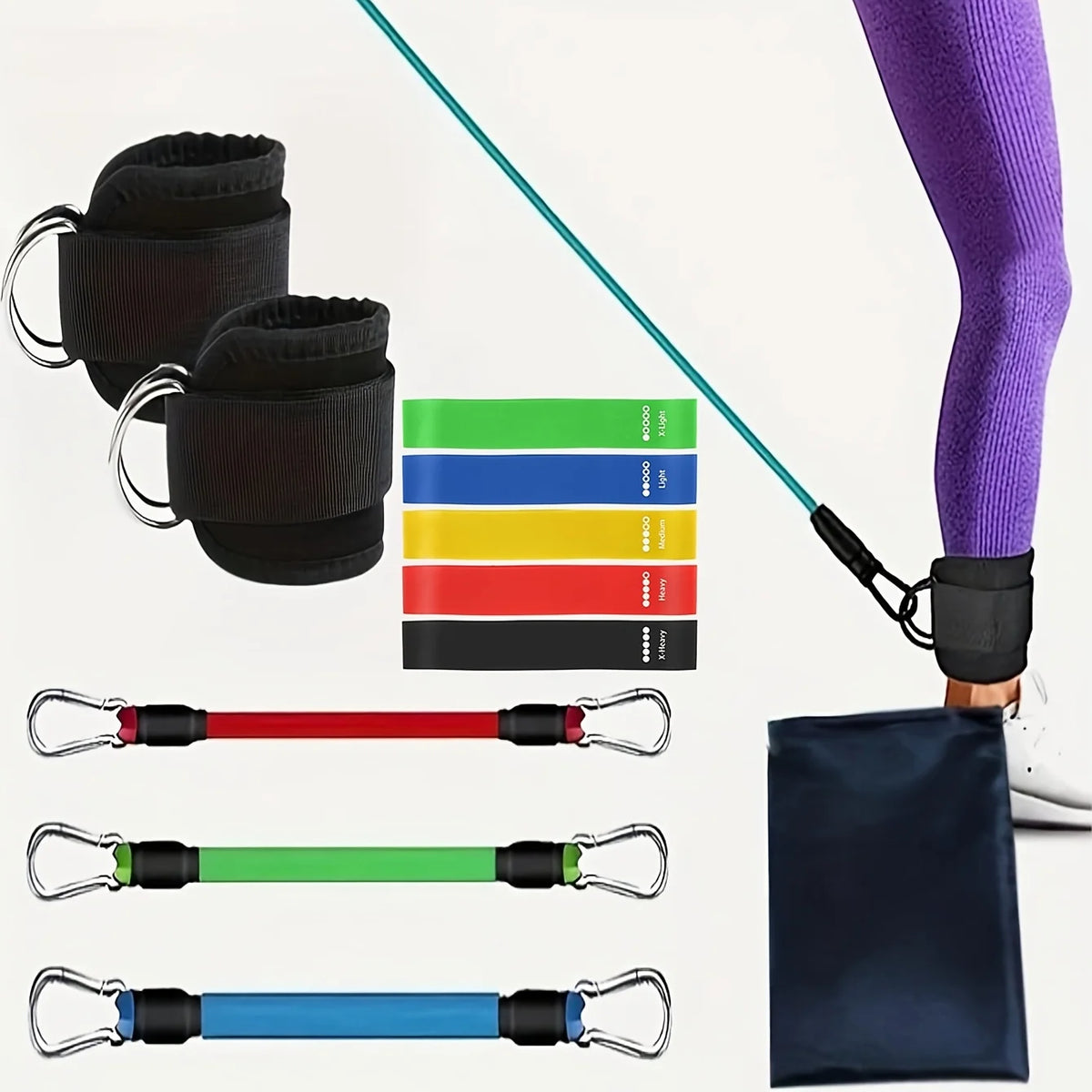 11pcs Home Gym Leg & Hip Toning System - Resistance Bands & Ankle/Thigh Trainer Set with Adjustable Tension Levels