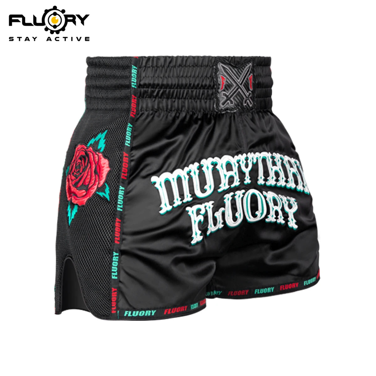 FLUORY Heavy Industries' microfiber embroidered Muay Thai shorts