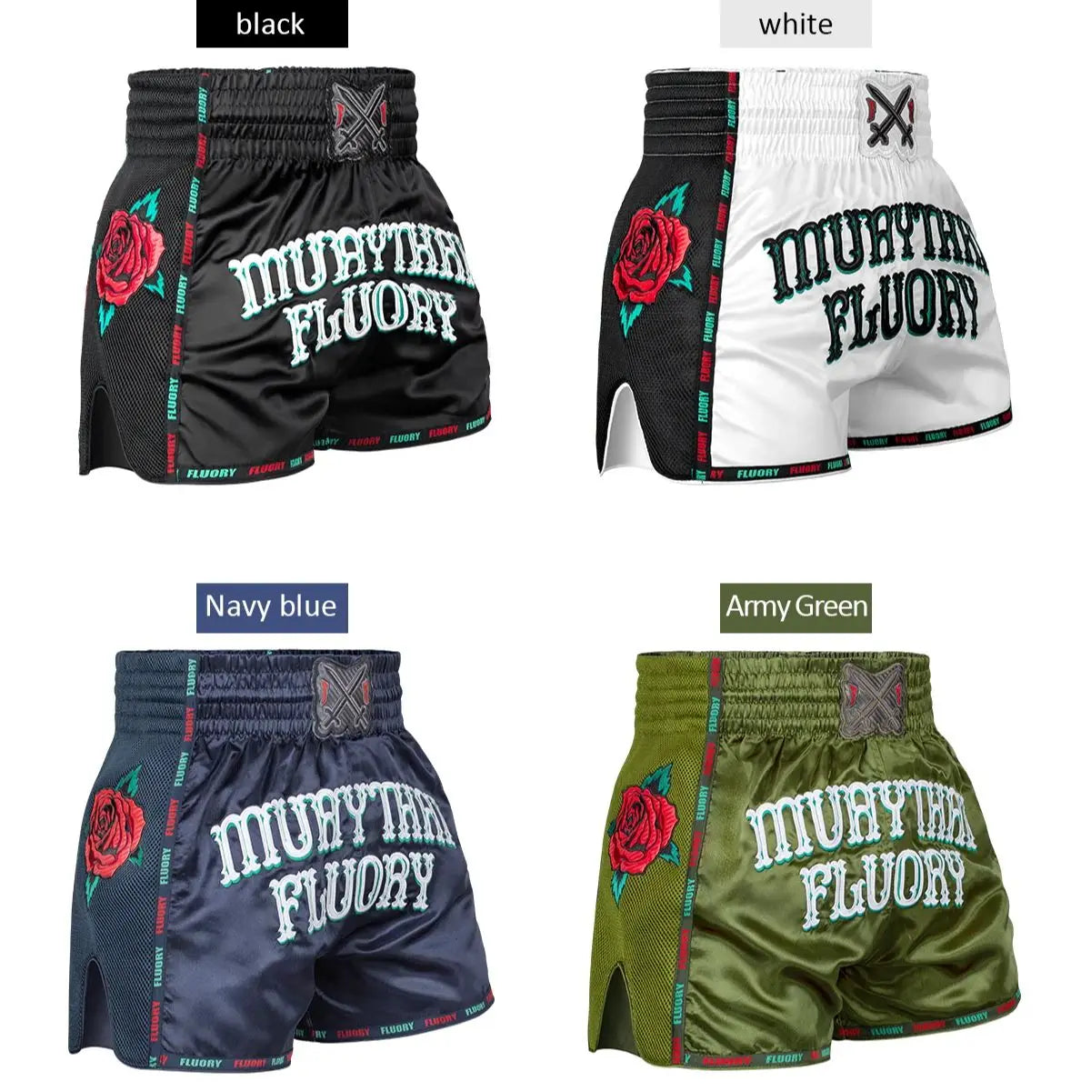 FLUORY Heavy Industries' microfiber embroidered Muay Thai shorts