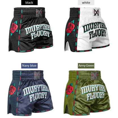 FLUORY Heavy Industries' microfiber embroidered Muay Thai shorts