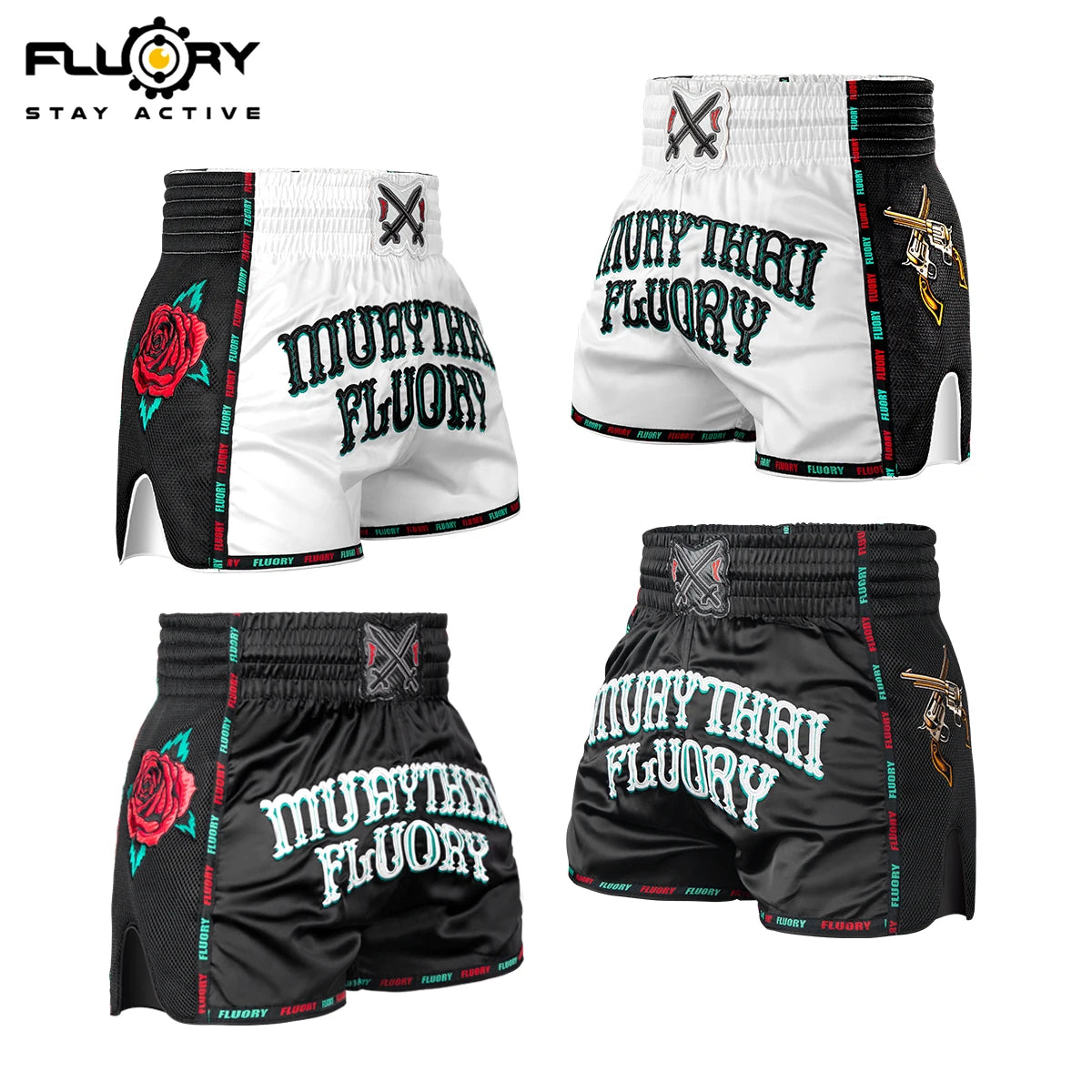 FLUORY Heavy Industries' microfiber embroidered Muay Thai shorts