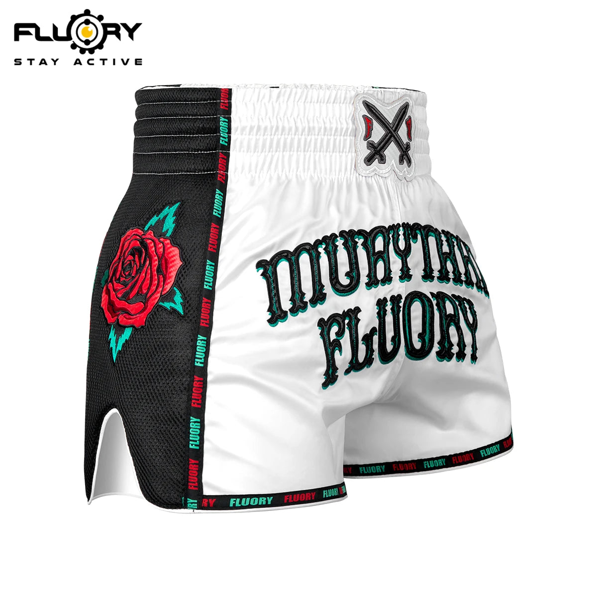 FLUORY Heavy Industries' microfiber embroidered Muay Thai shorts