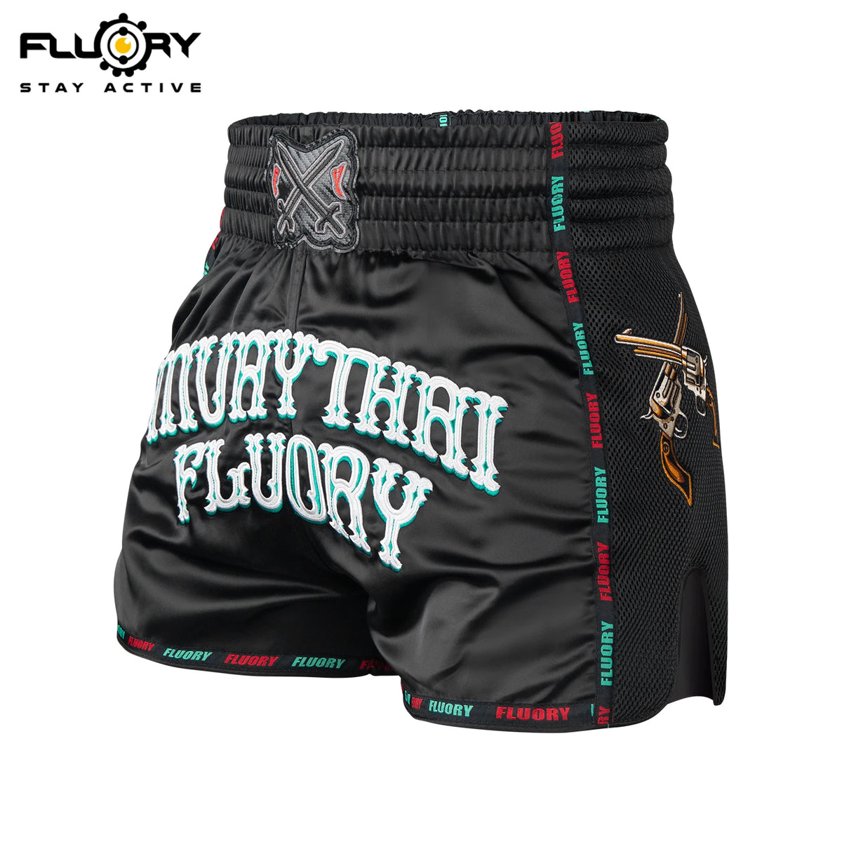 FLUORY Heavy Industries' microfiber embroidered Muay Thai shorts