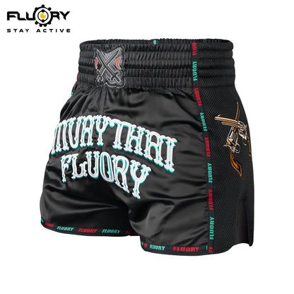 FLUORY Heavy Industries' microfiber embroidered Muay Thai shorts