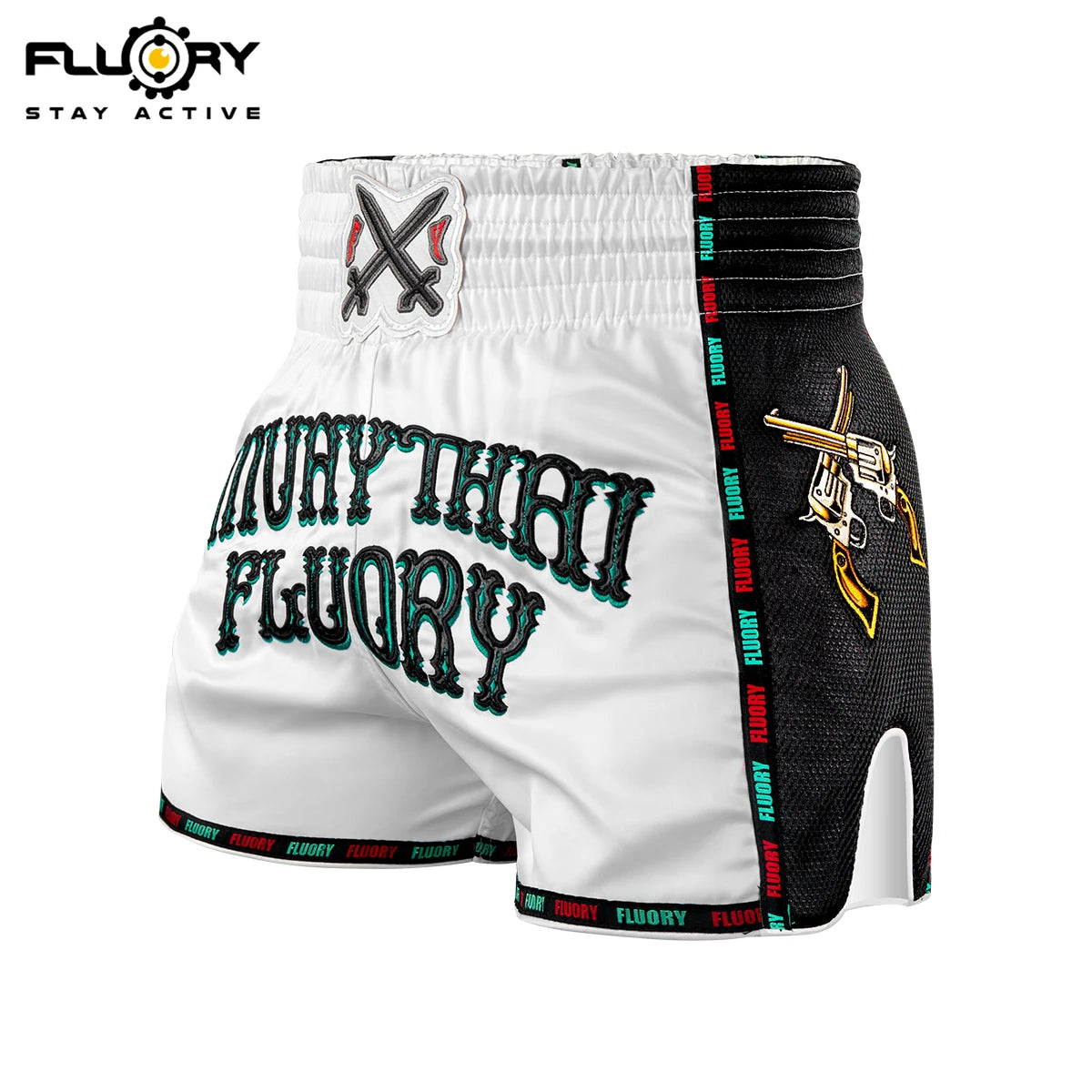 FLUORY Heavy Industries' microfiber embroidered Muay Thai shorts