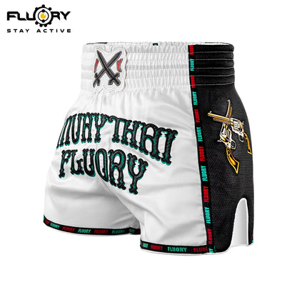 FLUORY Heavy Industries' microfiber embroidered Muay Thai shorts