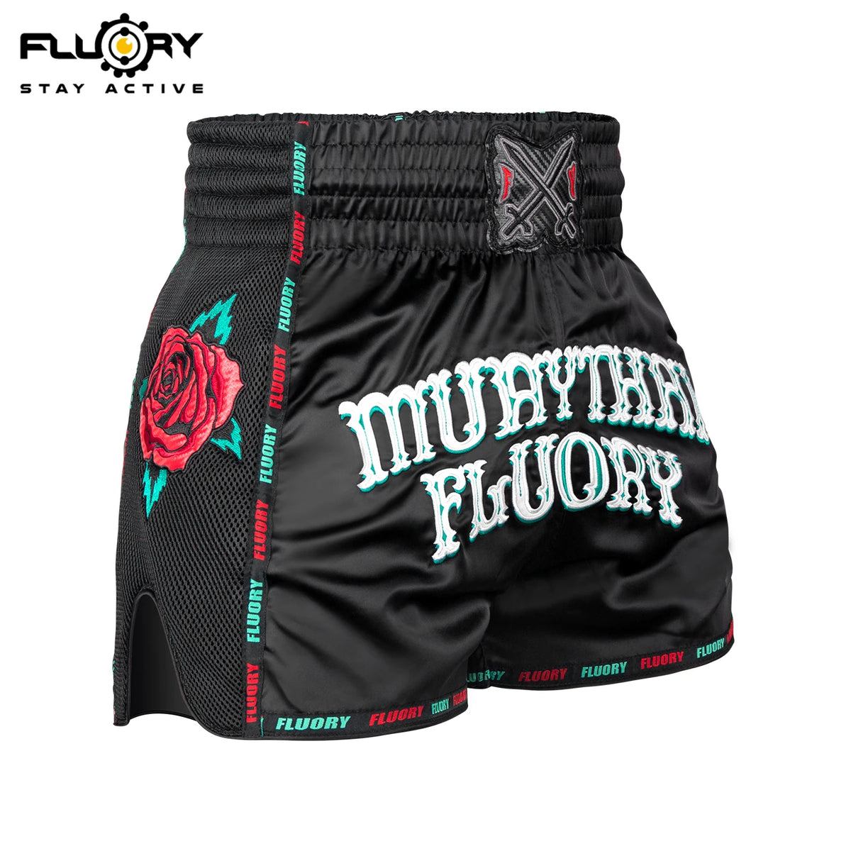 FLUORY Heavy Industries' microfiber embroidered Muay Thai shorts