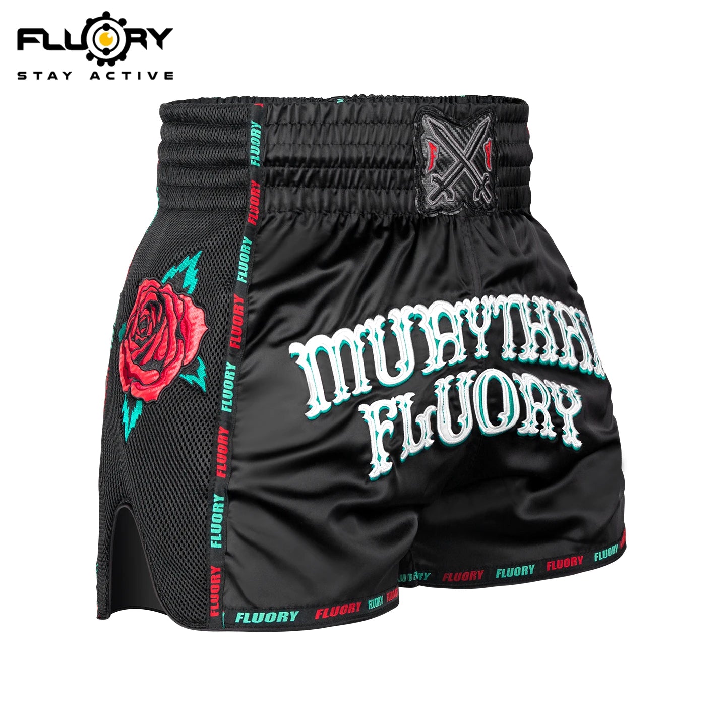 FLUORY Heavy Industries' microfiber embroidered Muay Thai shorts