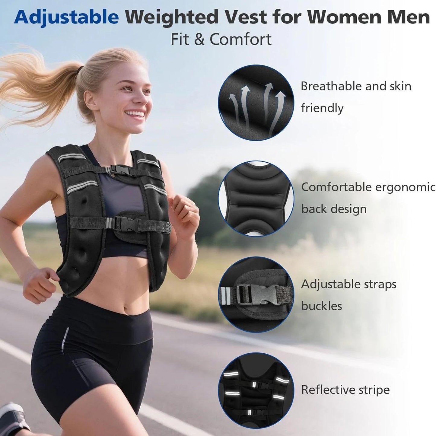 Weighted Vest with Reflective Stripes for Workout Strength Training Running Fitness ,Muscle Building Weight Loss Weightlifting